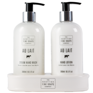 Schottish Fine Soaps DÁRKOVÁ SADA VE STOJANU AU LAIT, (TEKUTÉ MÝDLO A MLÉKO NA RUCE ) 2 X 300ML