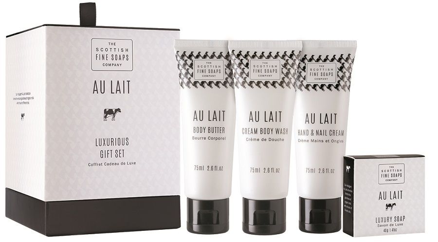 Schottish Fine Soaps DÁRKOVÁ SADA AU LAIT, (SPRCHOVÝ GEL, TĚLOVÉ MÁSLO, KRÉM NA RUCE, MÝDLO)