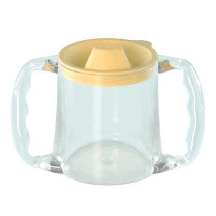 Ergonomický plastový hrnek s víčkem 300 ml pro handicapovanou osobu