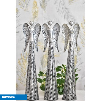 Plechový anděl Deco, stříbrný s patinou výška 54,5 cm, mix druhů