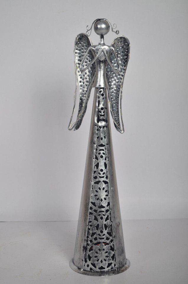 Plechový anděl Nova stříbrný s patinou 51 cm, na čajovou svíčku